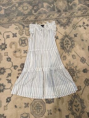 ME+EM White Dress with Blue Pinstripes - Ruffle Sleeve Tiered Midi